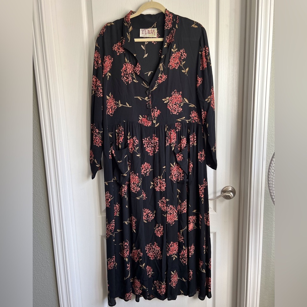 Vintage T.T. Mar 1990s Dress Womens Black w/ Flowers Midi Grunge Prairie L / XL